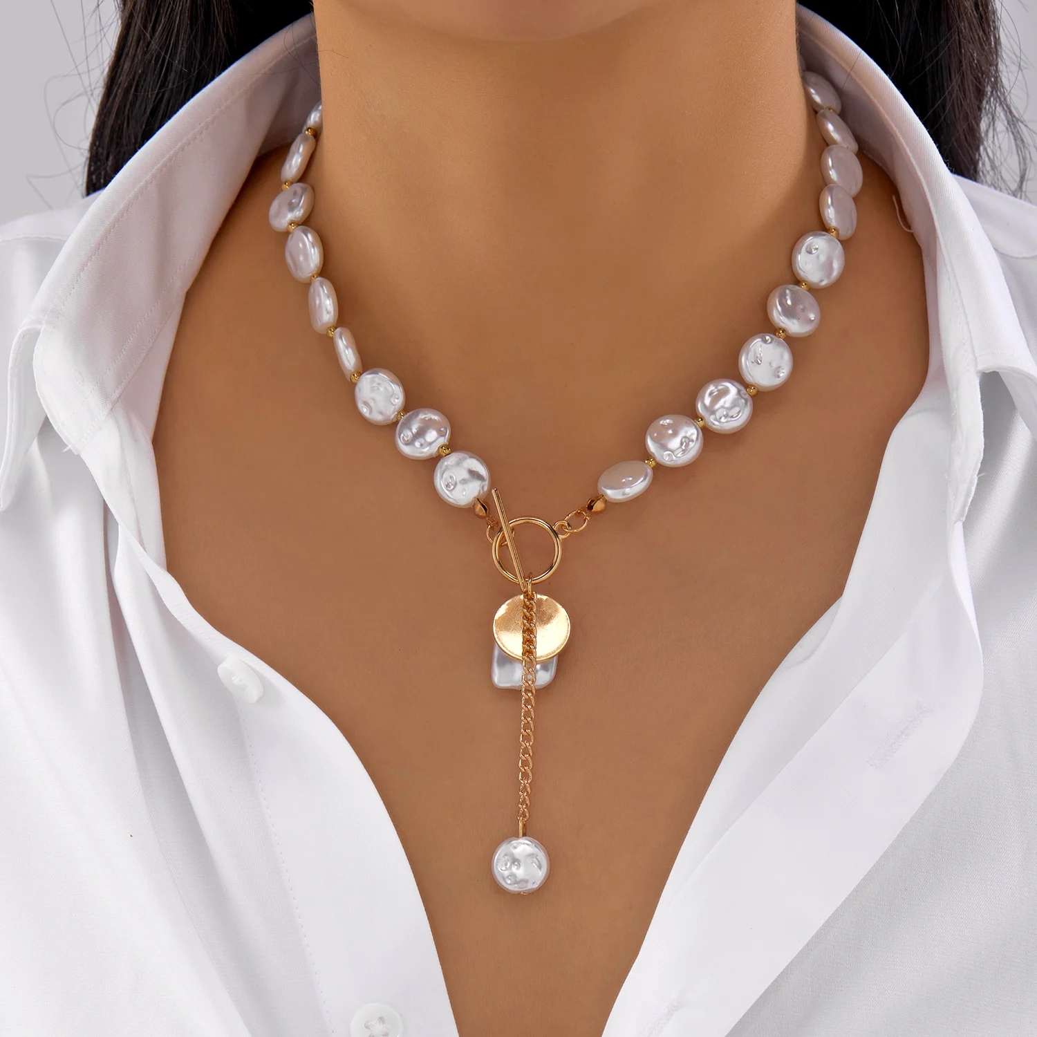 تصميم فريد من نوعه تقليد اللؤلؤ شرابة طويلة قلادة للنساء خمر شقة عظم الثعبان سلاسل شرابة الترقوة المختنق الرقبة مجوهرات #1