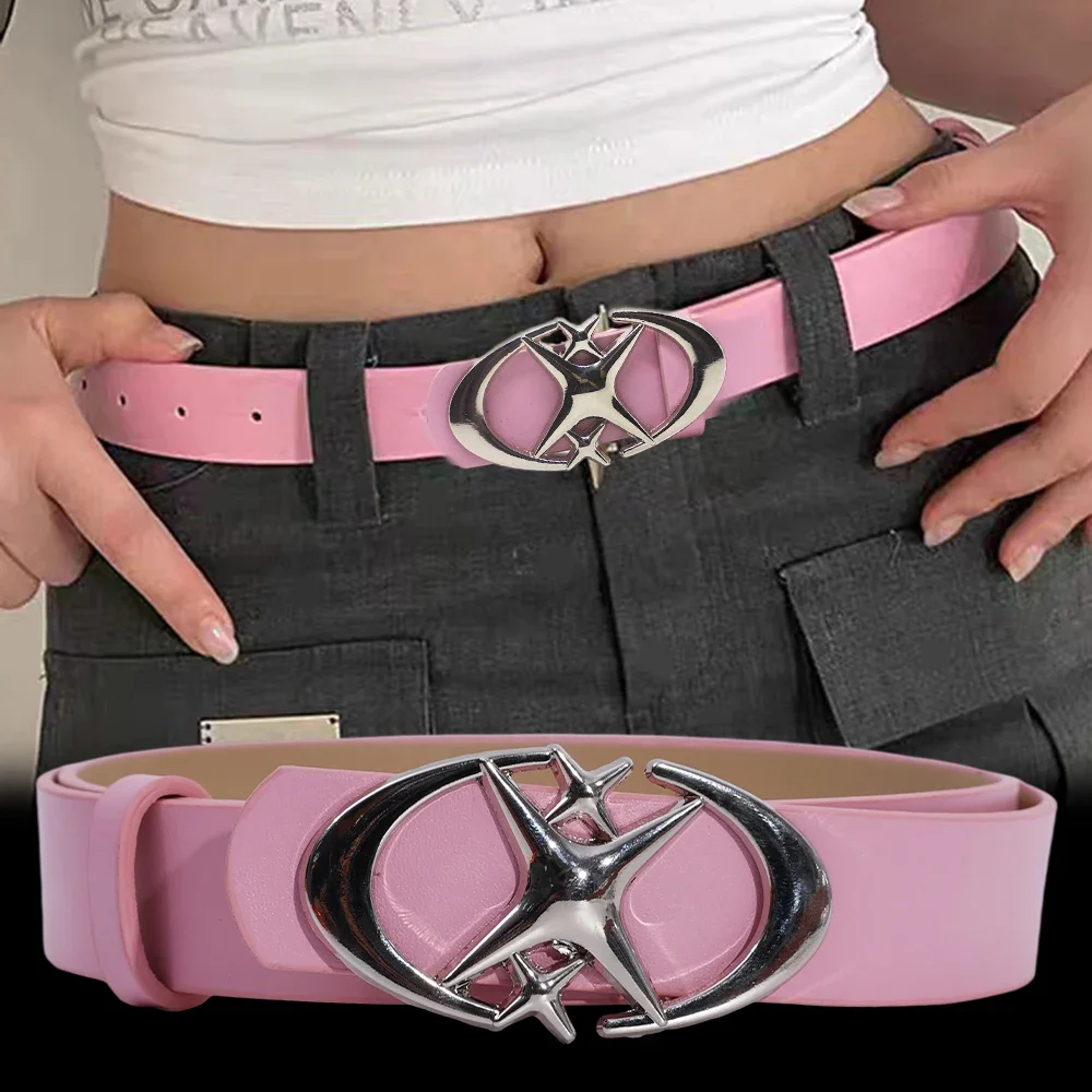 2025 Spicy Girl Pink PU Leather Belt Metal Punk Cross Buckle Moon Star Buckle Belt Waistband Women Y2K Versatile Decoration