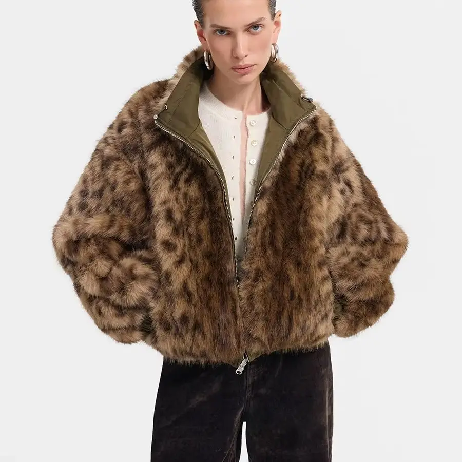Women Reversible Leopard Print Faux Fur & Olive Nylon Cropped Bomber Jacket, Stand Collar Full Zip, Winter Warm Street Commuter