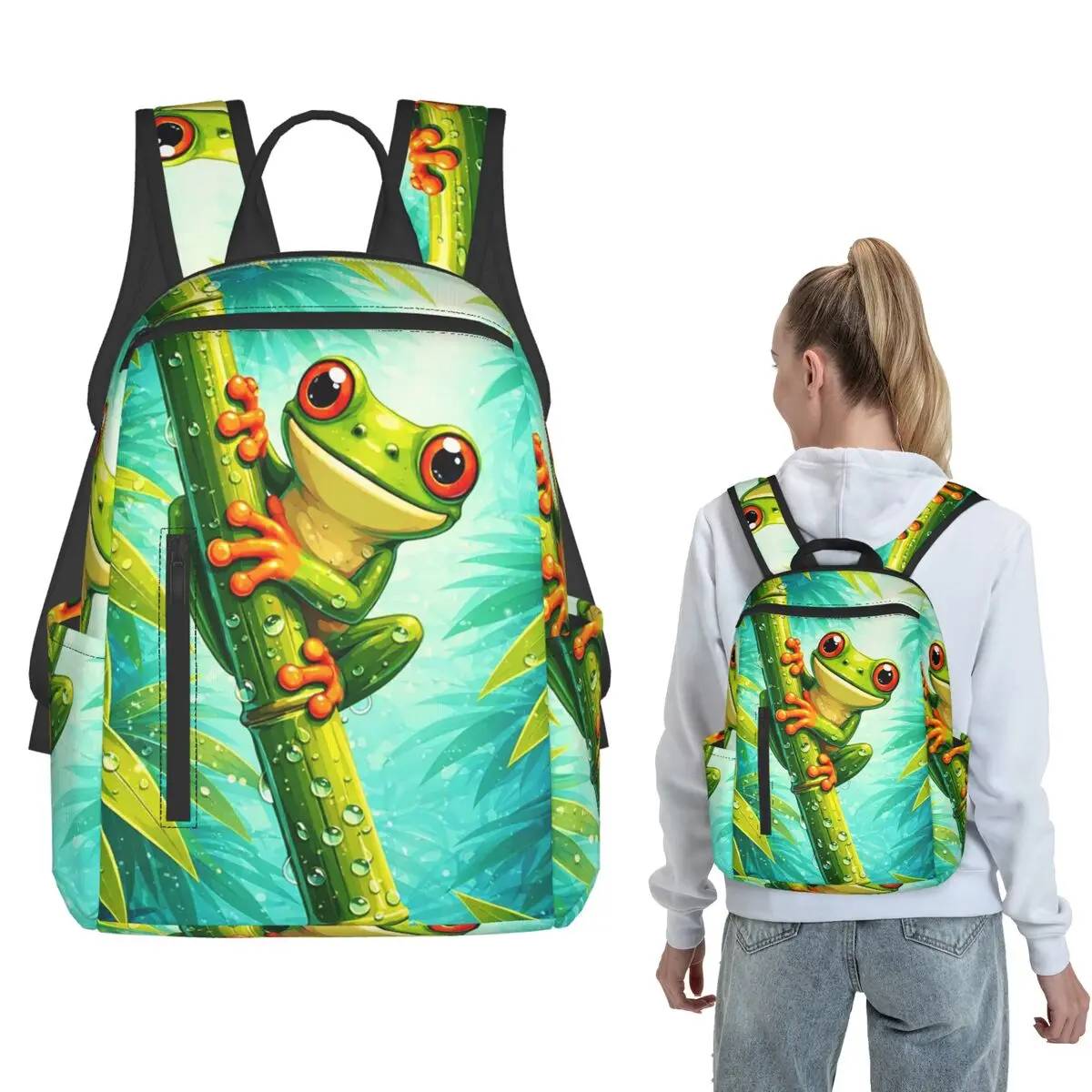 

Adorable Tree Frog On A Bamboo Branch Backpack Daypack Kids BookBag School Bag Shoulder Bags for Men Women