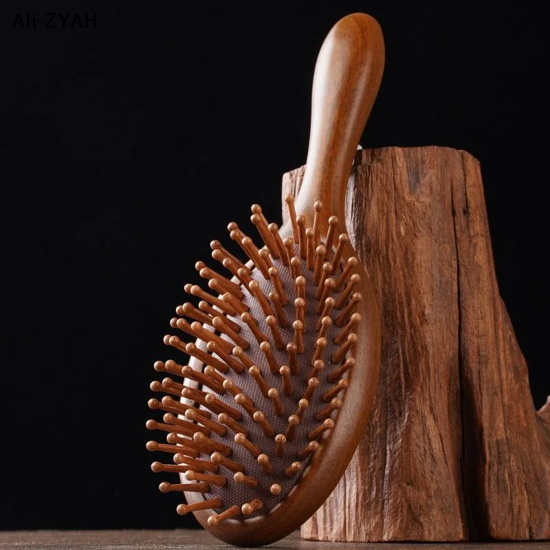 【A1m】Hand Carved Sandalwood Comb Oval Shape Wooden Air Cushion Comb Styling Brush Fine-Toothed Scalp Massage Brush