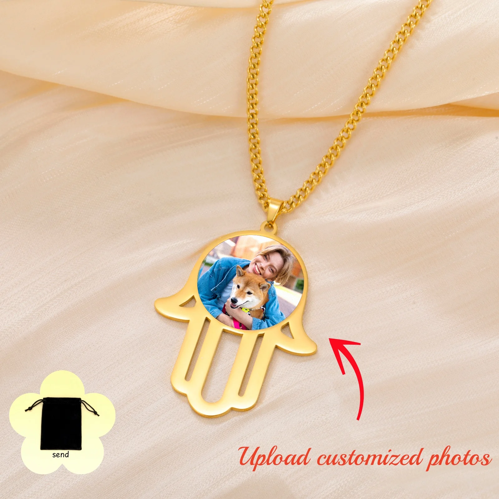 Customized Photo Fatima Hand Necklace Stainless Steel Personalized Picture Necklace Men's and Women's Family Jewelry Gift