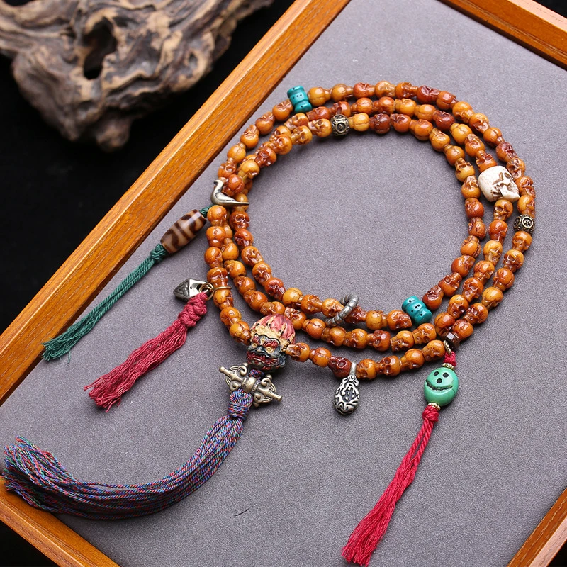 Traditional Yak Bone Prayer With 108 Beads, Antler Root, And Daino San-Tong