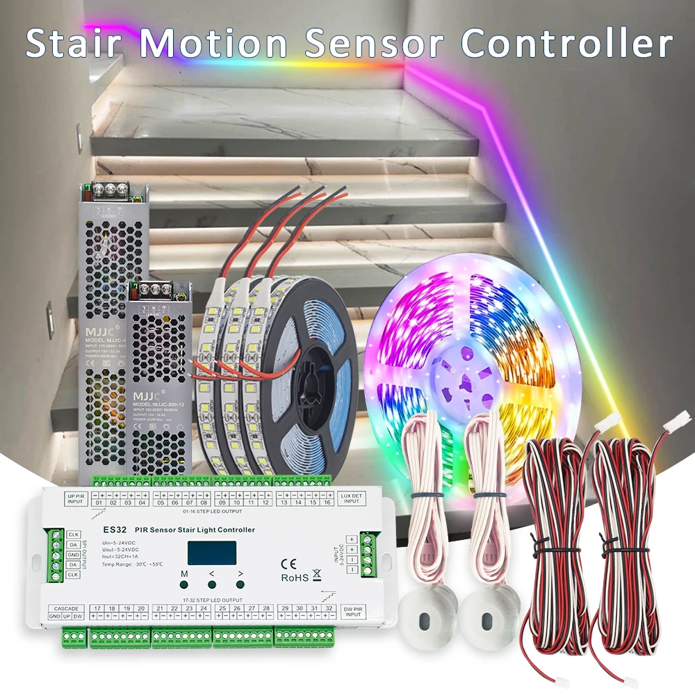 

ES32 Stair Controller PIR Motion Sensor 32CH Single Color 2CH RGB Pixel SPI LED Strip Indoor Stairway Light Controller 5V-24V