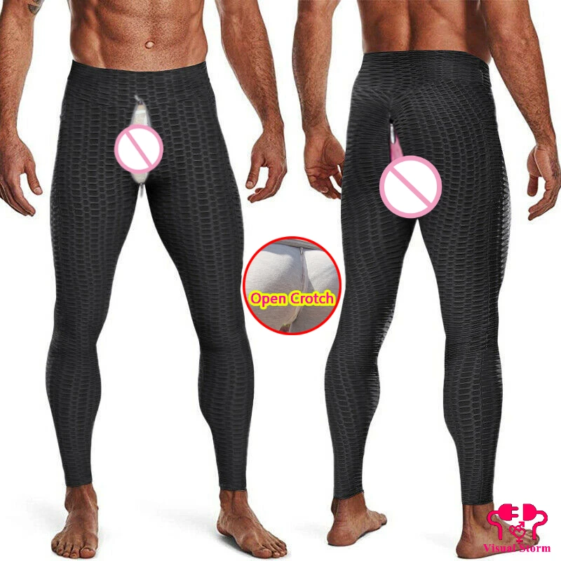 Men Sexy Open Crotch Pants Leggings Hidden Zippers Skinny Tight Sissy Crotchless Skinny Large High Waist Gay Push Up Panties