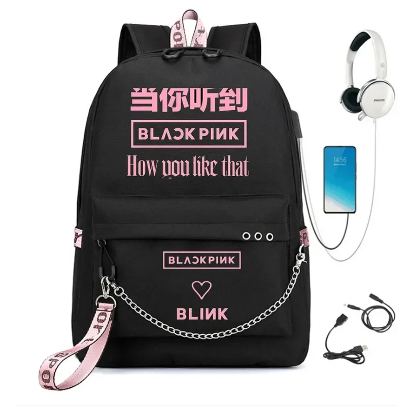 Mode Schwarz Rucksäcke Rosa Mädchen Schule Reisetaschen Laptop Kette Rucksack Kopfhörer USB Port CMM1401
