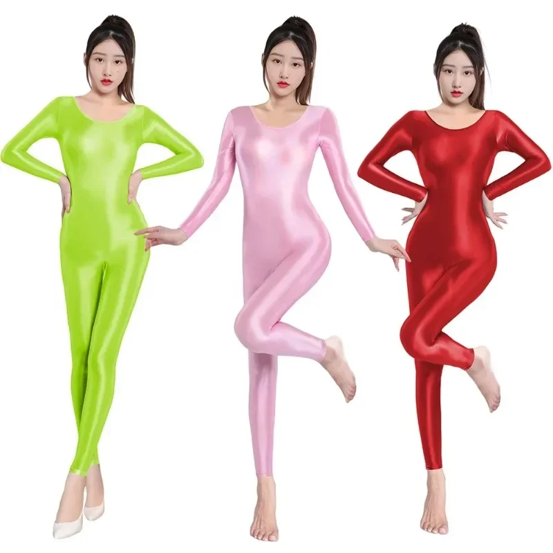 

Sexy Women Shiny Silky Glossy Bodysuit Lingerie Sheer Smooth Tight Jumpsuit Elastic Romper Fetish Costumes Uniform Yoga Dance