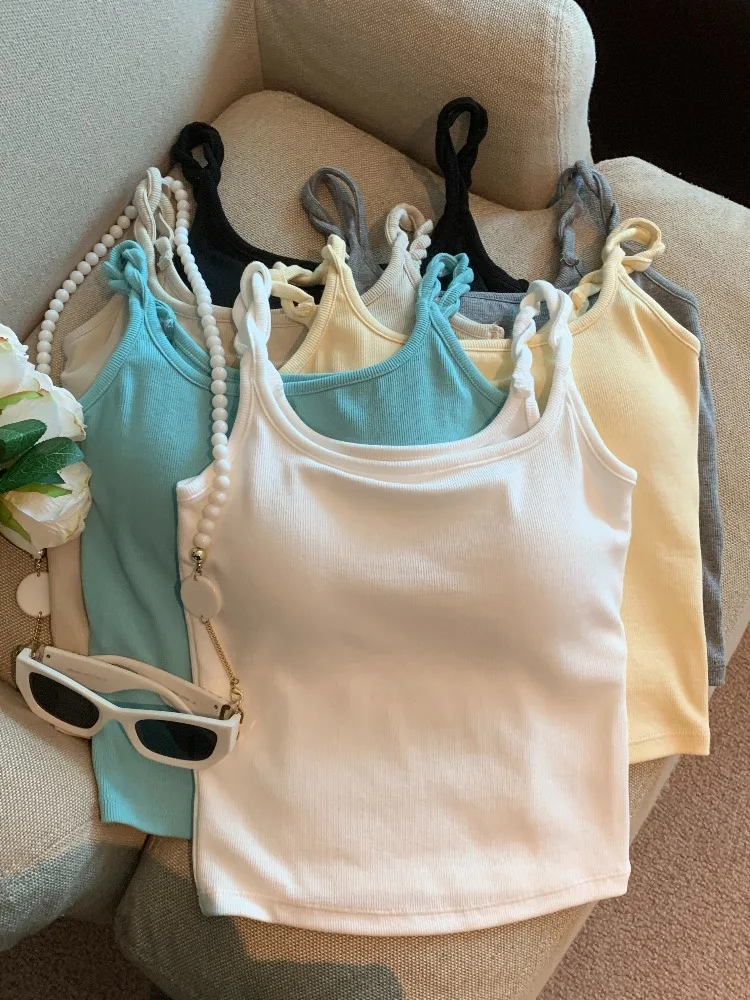 

Summer Thin Thread Twisted Strap Vest Women's Slim Fit Innerwear Outerwear Top with Chest Pad Commute Style Short Length