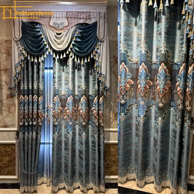 

Customized Blue Gray Embroidered Window Screen Chenille Hollowed Out Curtains for Living Room Bedroom French Window Villa Balcon