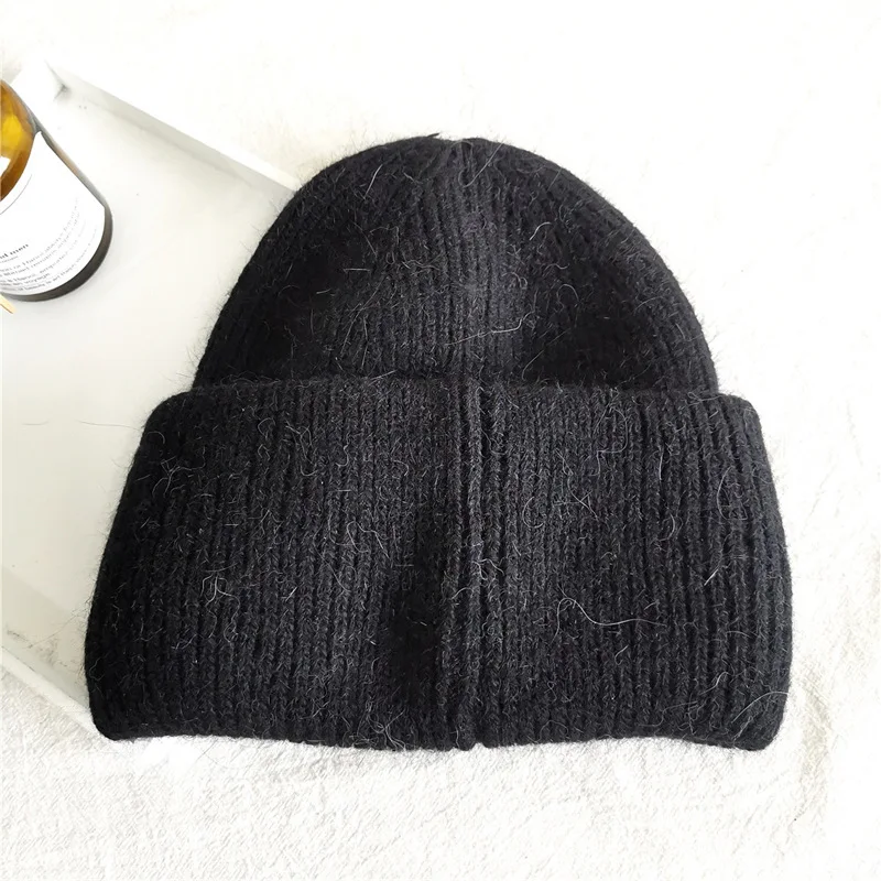 Mode warme Kaschmir Wolle Schädel Mütze Angola Kaninchen Fell Winter gestrickte Mützen Frauen Frauen Ski Outdoor einfarbige Hüte – Detail 8