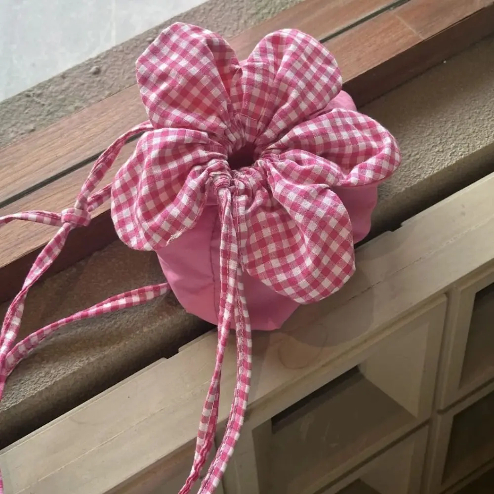 

Literary Plaid Flower Drawstring Bag Cute Portable Small Crossbody Bag Bundle Pocket Storage Bag ins Shoulder Bag Women