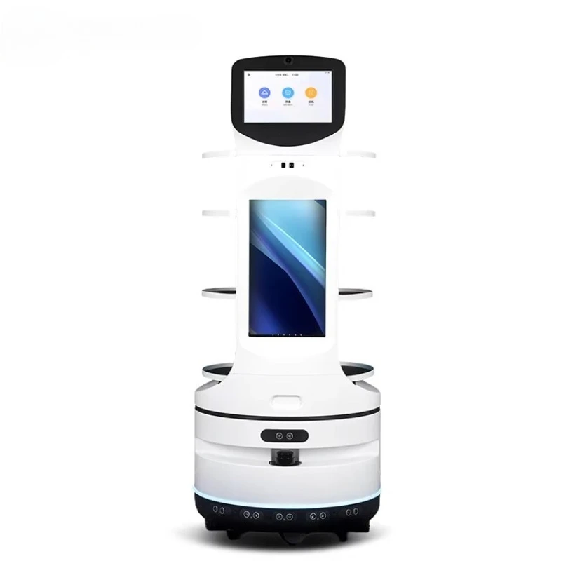 Customized Autonomous Obstacle Avoidance Commercial Food Delivery Robot App Control Auto Charge 4-Tier Tray for Restaurant