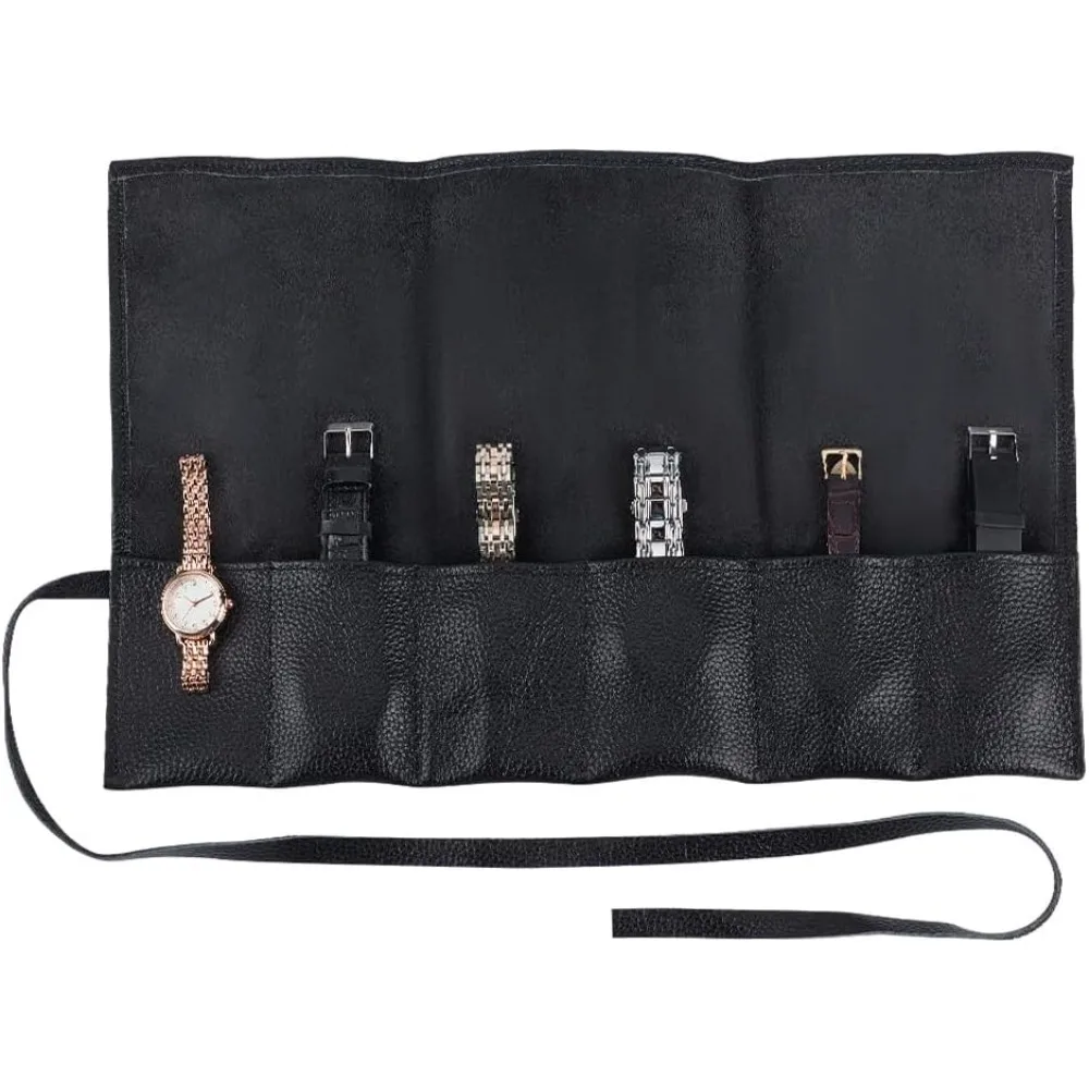 

Leather Watch Roll with 6 Pockets Black Leather Wrist Watch Roll Case Portable Watch Roll Watch Organizer for Watch Storage