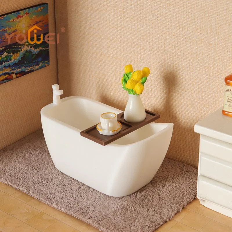 8: 1/12 ミニチュアドールハウス浴槽とトレイセット、興味深いごっこ遊び用おもちゃとドールハウスのバスルーム家具