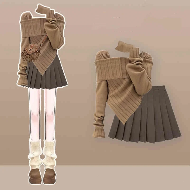 

2025 Весенне-осенний шарф в консервативном стиле, тонкий свитер с разрезом на шее, мини-плиссированные юбки, комплект из 2 предметов, женские изящные вязаные топы, костюм с юбкой