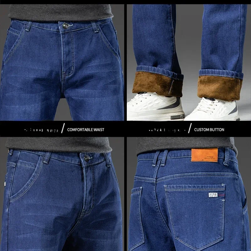 Pantalones vaqueros elásticos de forro polar para hombre, Jeans gruesos y cálidos, rectos de talla grande, otoño e invierno, 2024