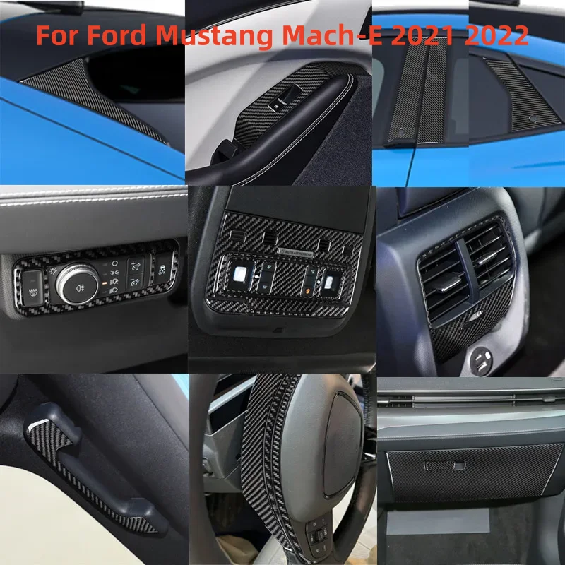 For Ford Mustang Mach-E 2021 2022 Car Interior Vents Pulley Button Frames Torage Box Central Shift Panel Carbon Fiber Sticker