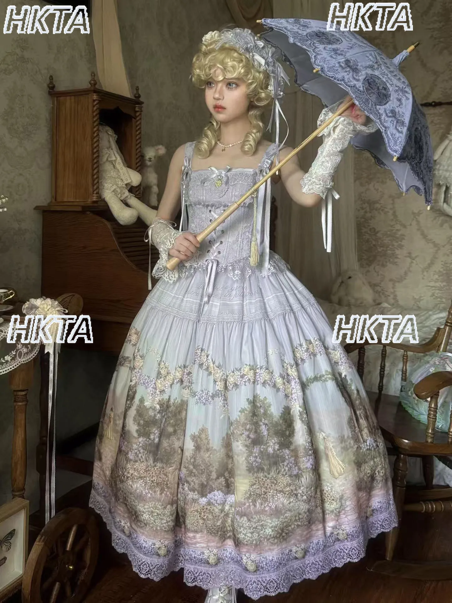 

Sweet Print Lolita Suspender Maxi Dresses Jsk Lace Bow Embroidered Pleated Slim Princess Dress Birthday Mitzvah Ball Gown Women