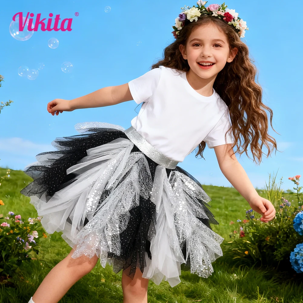 Girls Black White Glitter Tulle Tutu Skirt Kids Layered Fluffy Irregular Party Casual Daily Fashion Ballet Mini Skirts Outfit