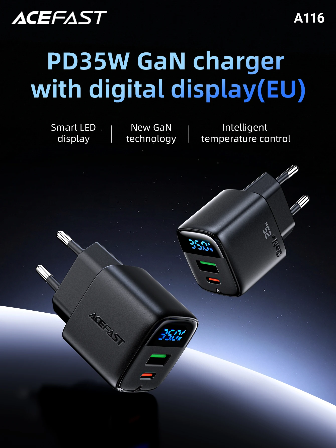 ACEFAST GaN 35W Schnellladegerät mit USB-C-Anschluss für Samsung S25 S24 PD QC Schnellladewandadapter mit LED-Digitalanzeige – Detail 1