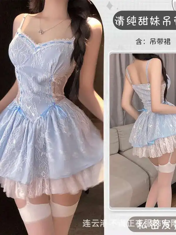 Sexy Lace Camisole Dress Elegant Pure Desire Uniform Emotional Sleeping Clothes Mesh Lace Sweet Mini Dress Sweet Tops 9CMU
