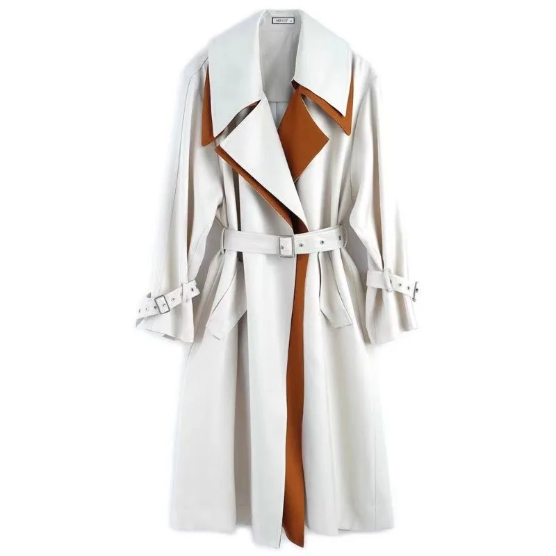 Spring Autumn Trench Coat For Women Contrast Color Join Together Waist Slim Windbreaker Fashion Vintage Medium To Long Overcoat