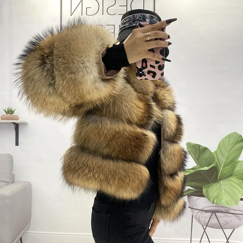 Women Winter Clothes Real Fur Raccoon Round Neck Fur Coat Natural Silver Fox Fur Fluffy Warm Thick Jacket Big Size Female Coats