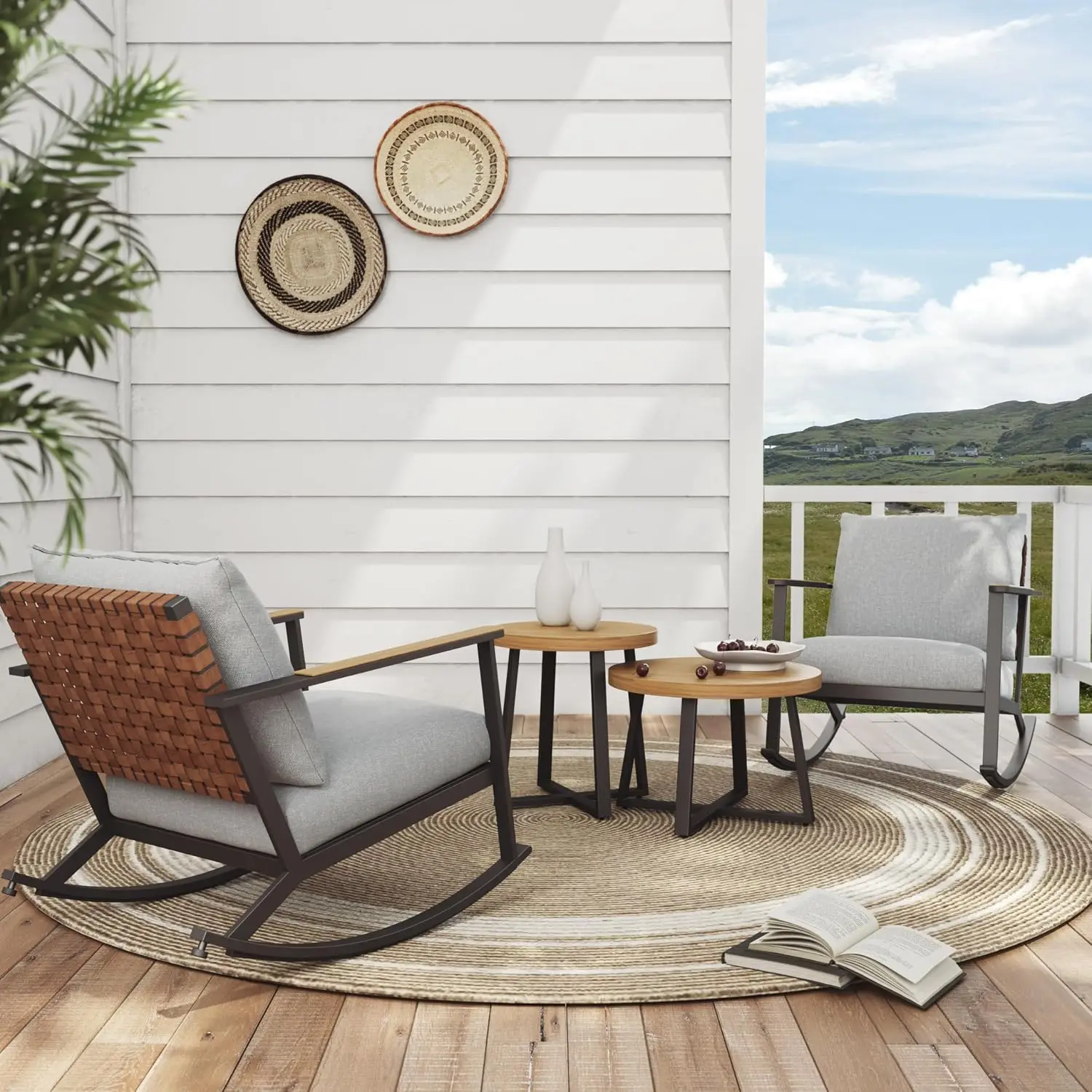 Set 4-Piece Outdoor Weatherproof Faux Leather & Wood Grey Cushion Patio Garden Furniture, Customized
