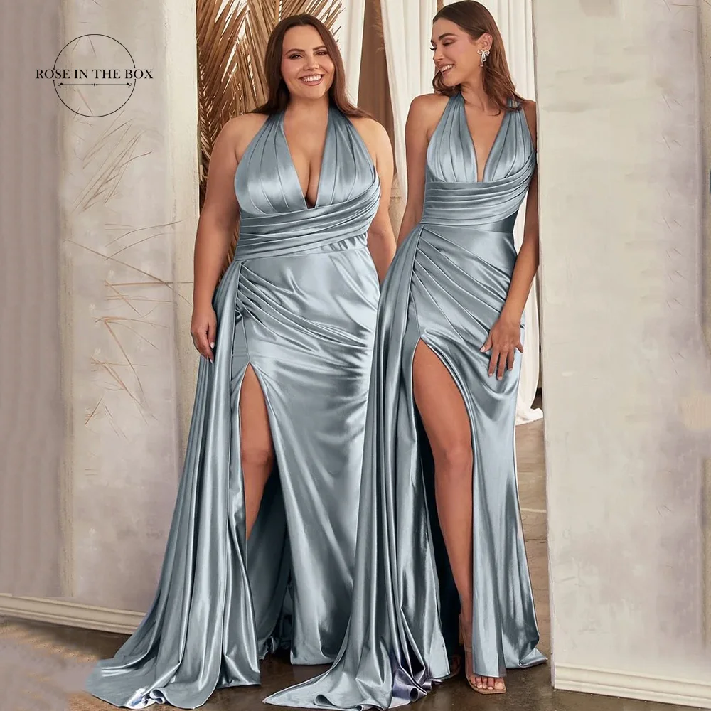 Elegant Satin Long Ruched V-Neck Bridesmaid Dresses 2025 with Slit Customized Halter Sleeveless Formal Evening Gowns Prom Party