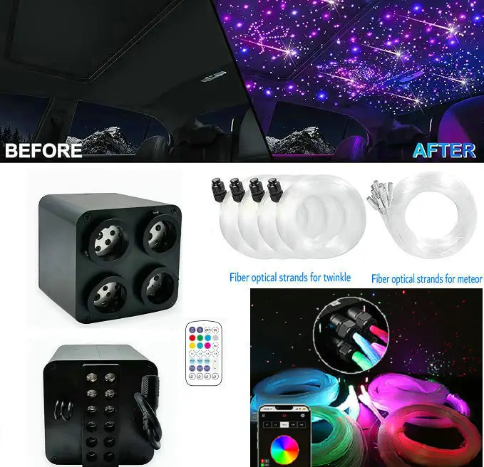 36w RGBW Twinkle&Meteor Fiber Optic Ceiling Lights Engine W/App Remote Starlight Headliner 4 Ports Different Color+RGB Shooting