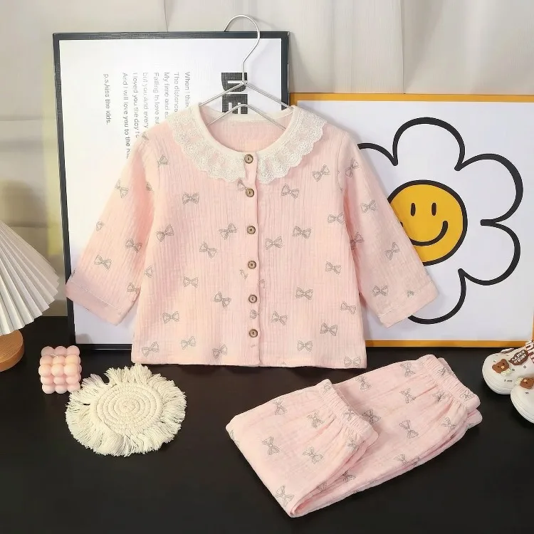 2026 Frühling Sommer Herbst Mädchen Mode Pyjama-Sets Elegante Spitze Weiche Bequeme Langarm Hauskleidung Set Kinder Schlafanzüge – Detail 5