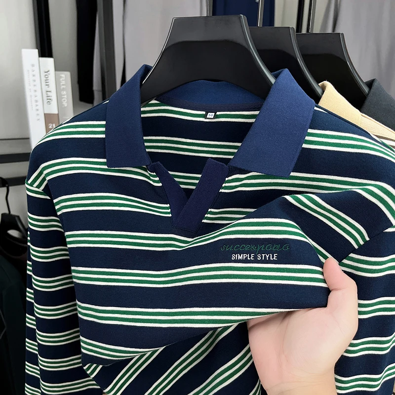 Fashion striped color blocked long sleeve polo shirt luxury brand letter embroidery men's new comfort personality lapel T-shirt