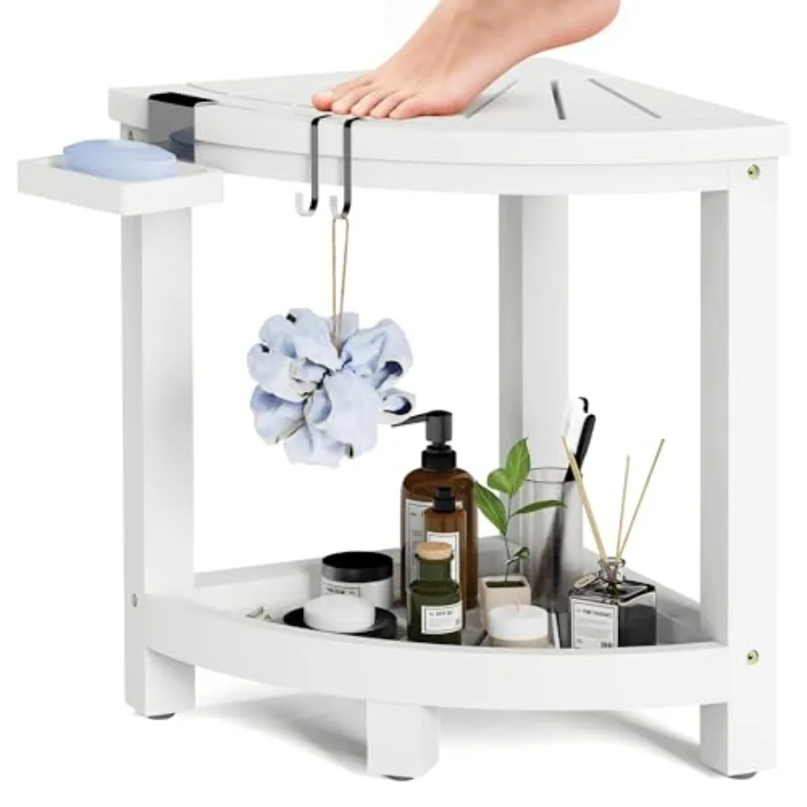 

2-Tier Bamboo Corner Shower Stool for Shaving Legs, Waterproof Bench with Storage Shelf and Soap Dish, Non-Slip Feet Rest