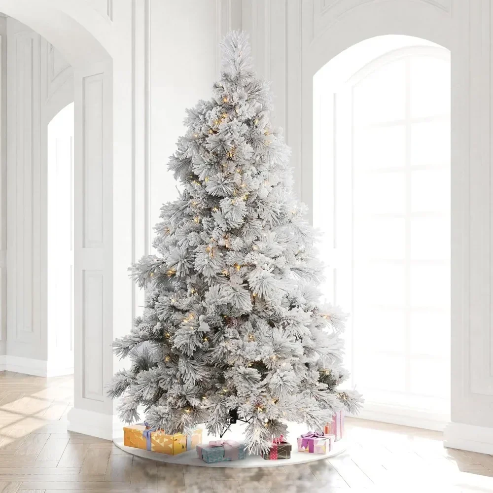 9' Flocked Artificial Christmas Tree, Pure White LED Lights, Snow Covered Faux Tree, Seasonal Indoor Home Decor, Easy Assembly