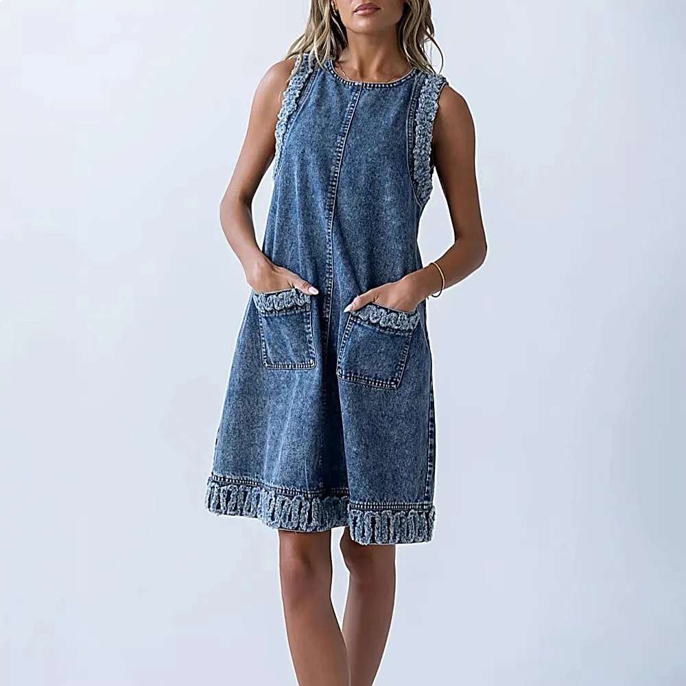 

Plus Size Sleeveless Denim Dress with Pockets Frayed Hem Tassel Vest Dress Spring Summer Jumpsuit Playsuit