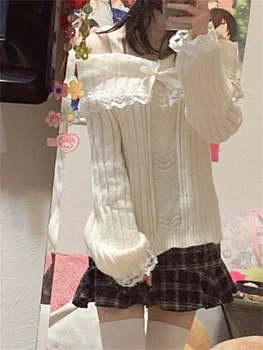 Grunge kadınlar için açık omuzlu örgü kazak pembe kazak tatlı kazaklar uzun kollu yay dantel Patchwork süveter Y2k Streetwear