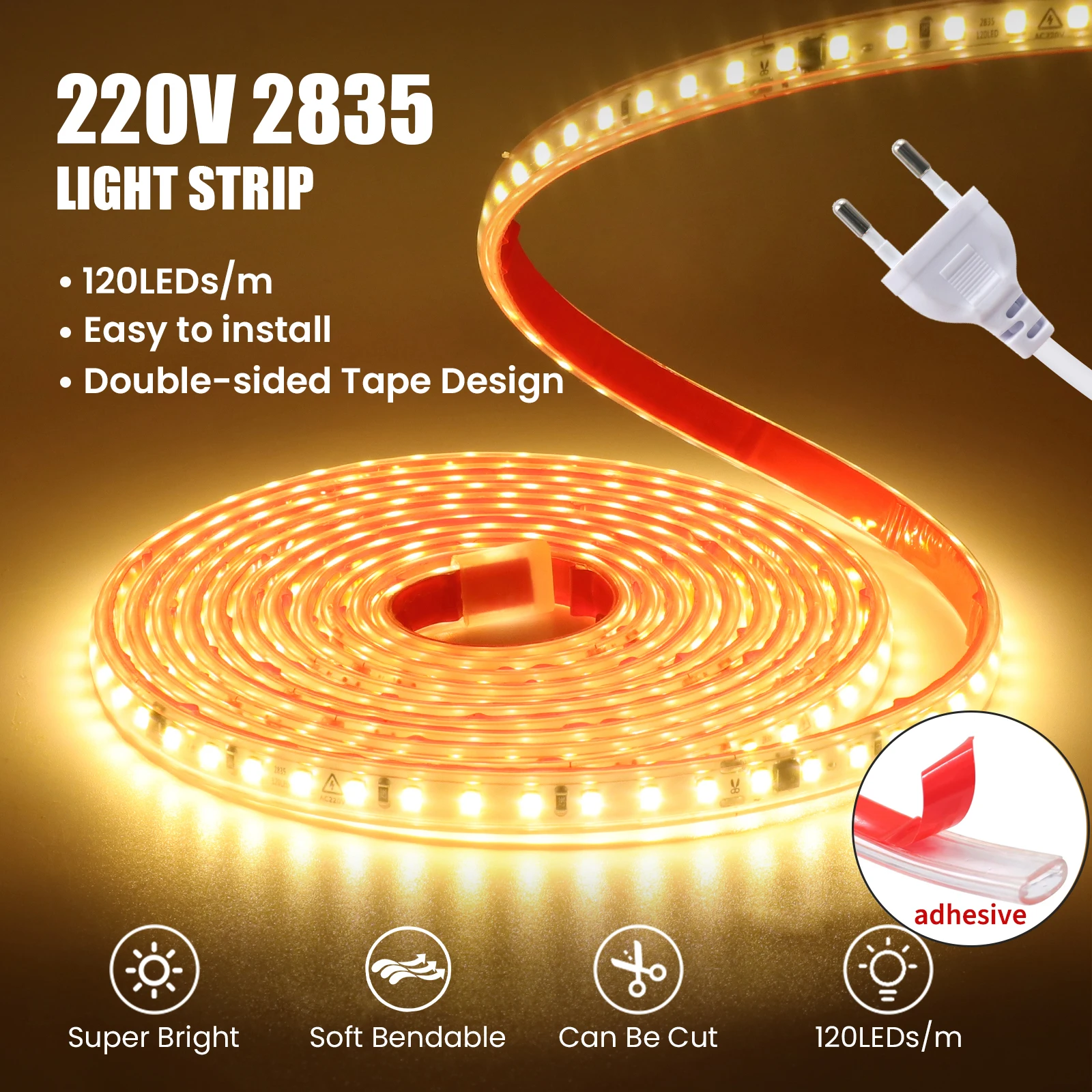 

220V LED Strip EU Plug SMD 2835 Adhesive IP65 Waterproof 120LEDs/m Flex LED Light Tape with IC Rectification 3000K 4000K 6000K