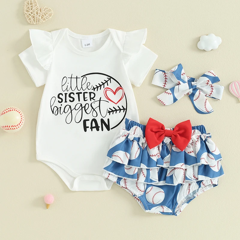 

Newborn Baby Girl Baseball Outfits Little Sister Print Short Sleeve Shirt Romper Baseball Shorts Set Summer Clothes