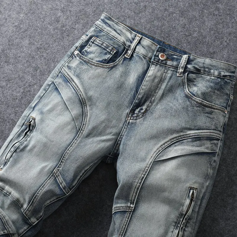 2024 Summer new zipper spliced jeans men's trendy high street elastic slim fit small feet casual retro motorcycle denim pants