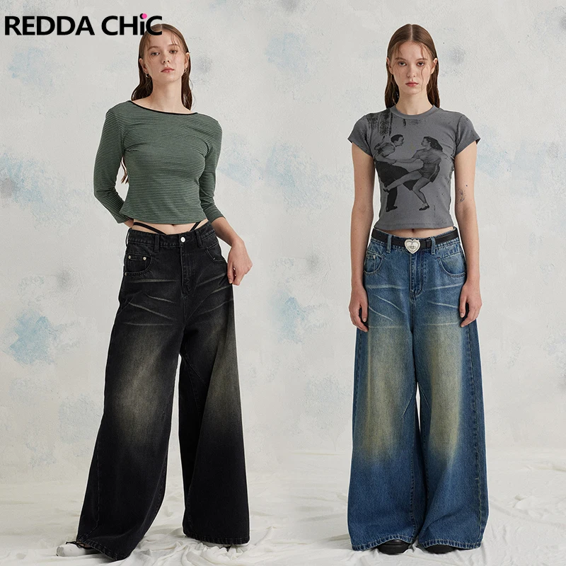 

REDDACHiC 90s Retro Y2k Baggy Jeans Women Distressed Brushed Black Blue Pintuck High Waist Wide Leg Pants Harajuku Streetwear