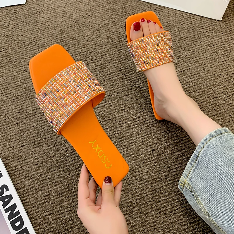 

Glitter Slides Flat Shoes Female Woman's Slippers Low Square Toe Big Size Jelly Summer Fabric Rome Rubber Crystal Sequined