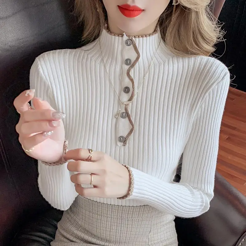 Women's Slim All-match Solid Knitted Tops Fashion Korean Button Spliced Half High Collar Sweaters Autumn Winter Female Clothing