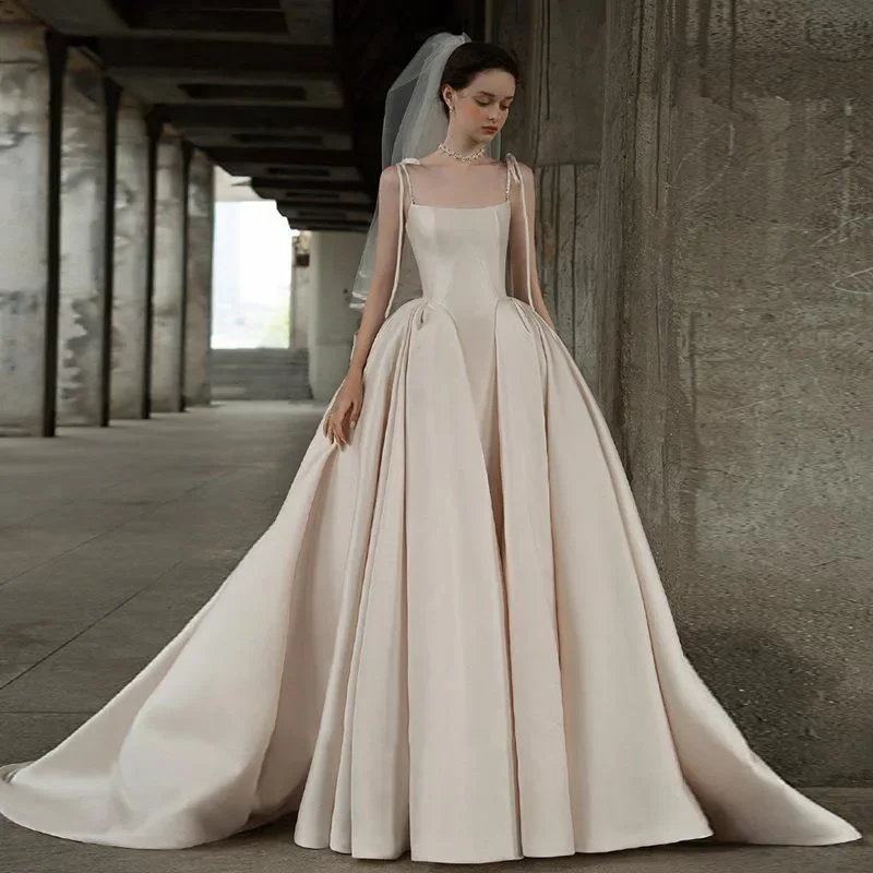 Robe de Mariée Principale en Satin à Bretelles Vintage, Magnifique, Classique, Légère, Longueur au Sol, Nouvelle Collection