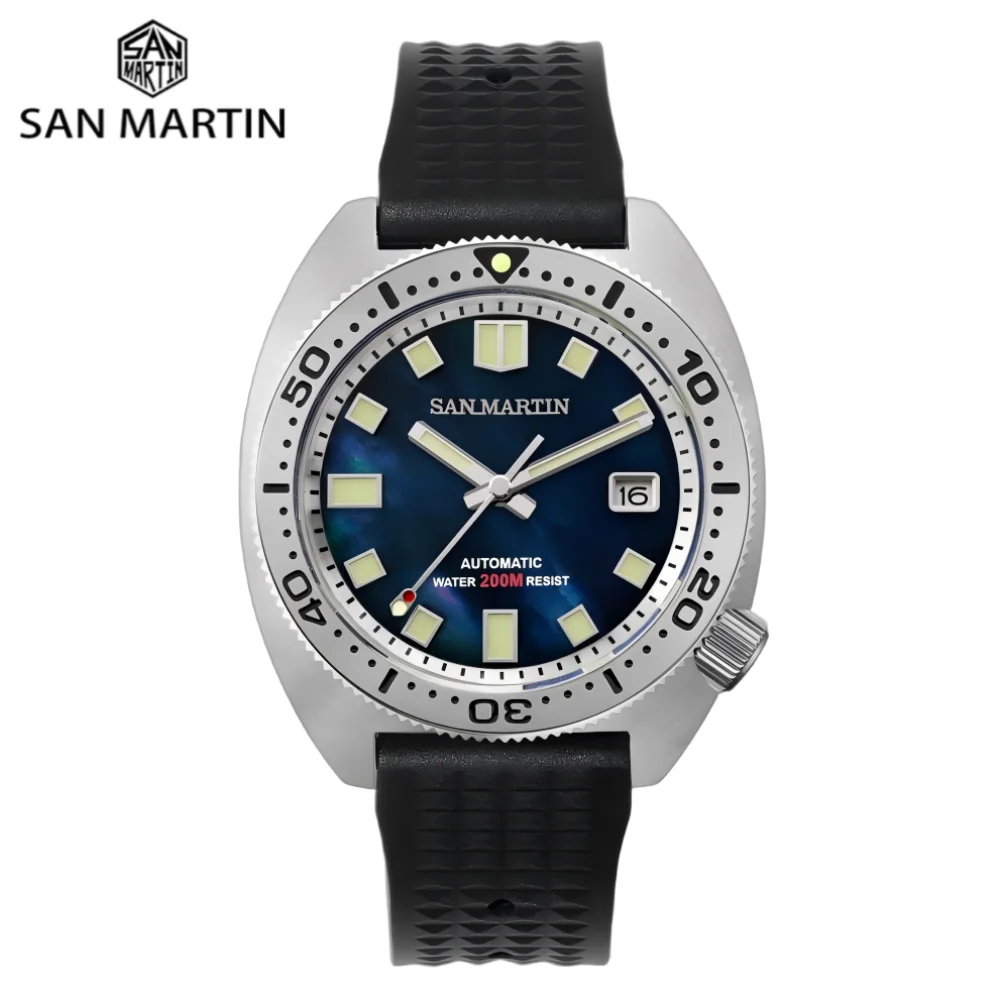 

San Martin 42mm MOP Dial Turtle Men Diving Watch 3H Date 20Bar Waterproof Shark Logo Case Back C3 Luminous Sapphire Glass SN0068