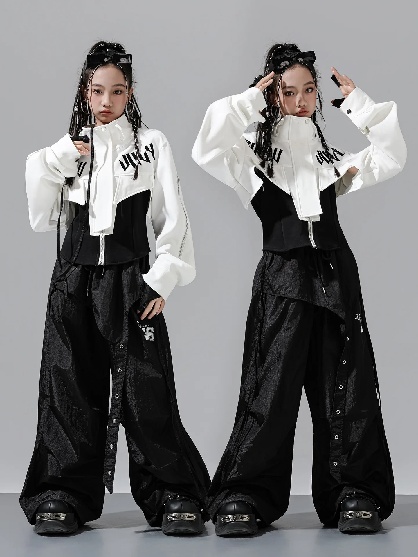 Girl's Hip Hop Streetwear Two-Piece Jacket And Cargo Pants Set Kids Jazz K-pop Dance Costume Group Outfit for Children