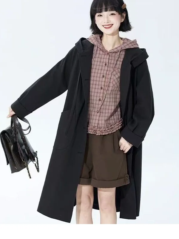 Retro Sle oranje geruite capuchon lange Sve losse irt dubbellaags houten omzoomde top voor dames herfst faion dames...