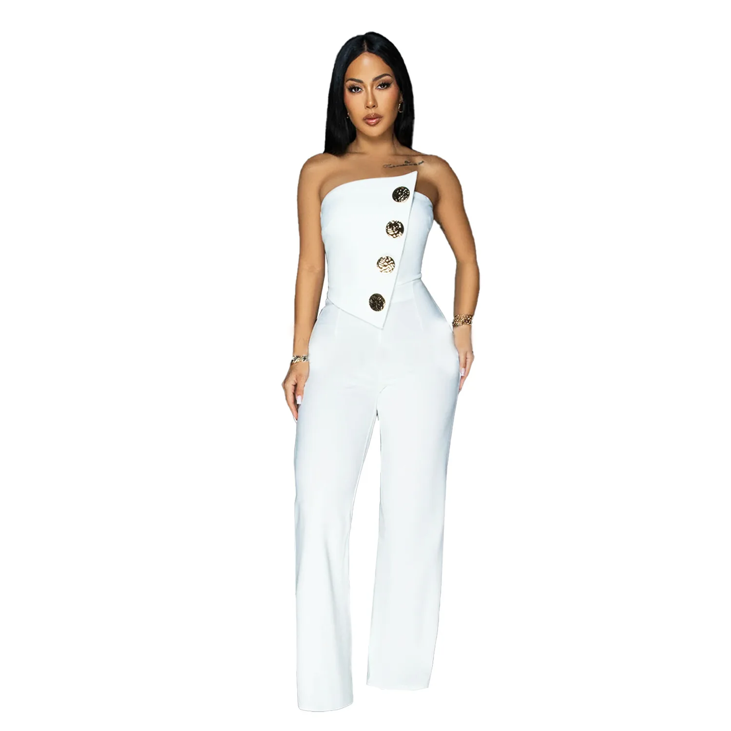 HBLL Women's Elegant Button Strapless Sleeveless Irregular Jumpsuits One Piece Metal Button Decor Overalls Outfit Night Clubwear