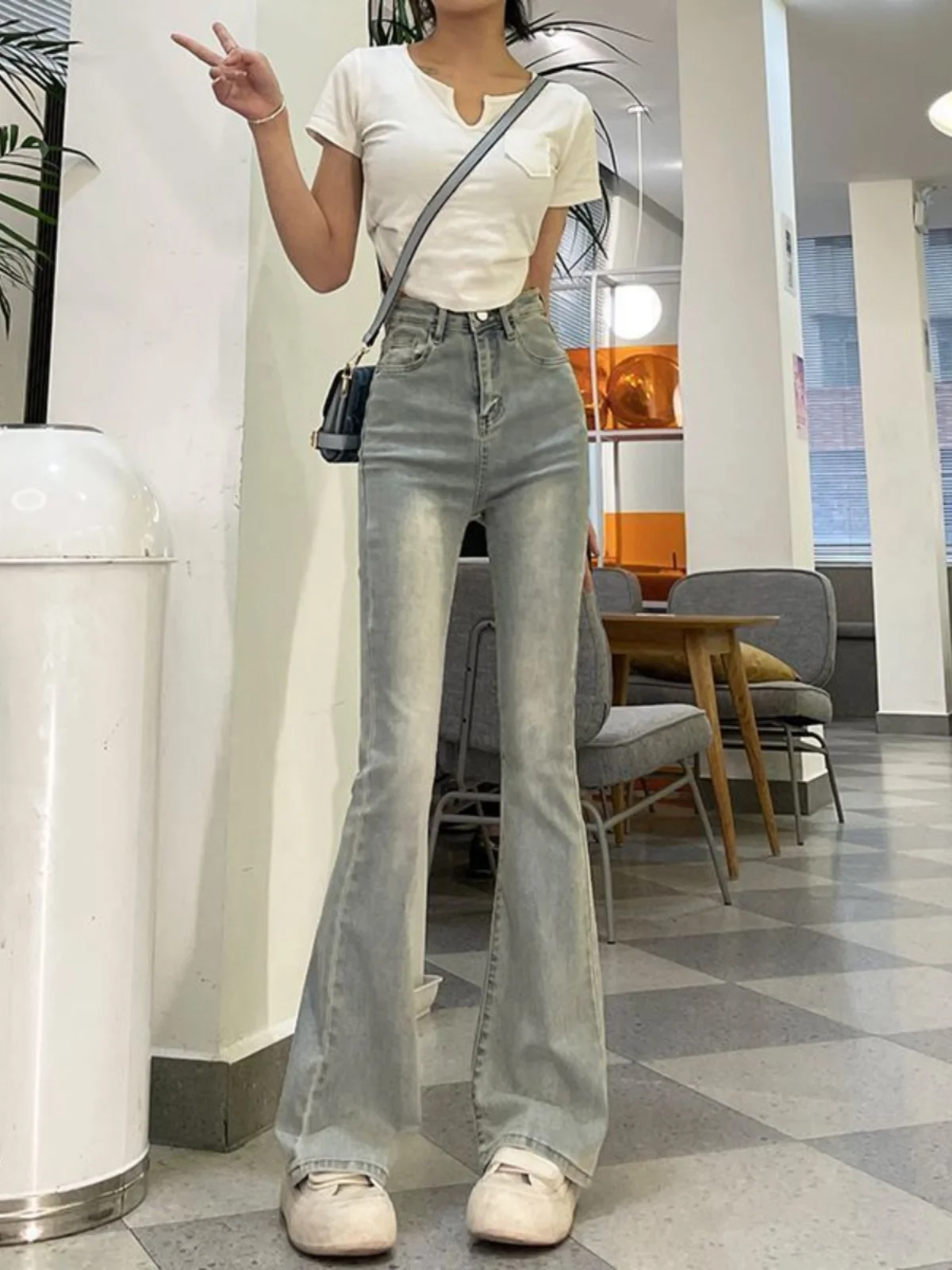 High Waisell Bot Denim Hose für Damen Distred Bootcut Leg Design Slim Fitelastic Fabric Straight Leg Hose Länge...