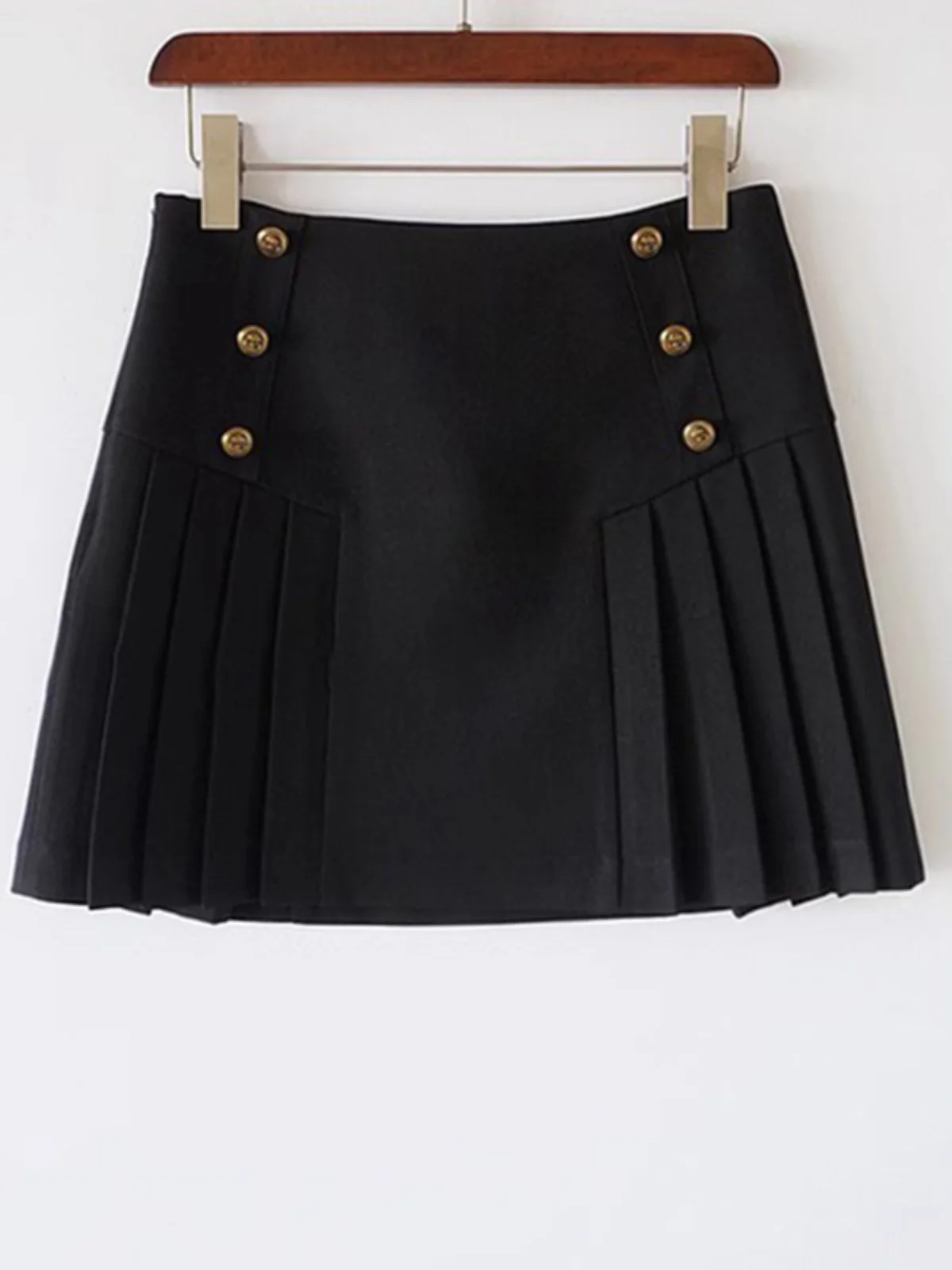 

Black A-Line Skirt with Double Row of Gold Buttons Anti-Light Bottom Pleats High Waist Polyester Fiber Daily Wear