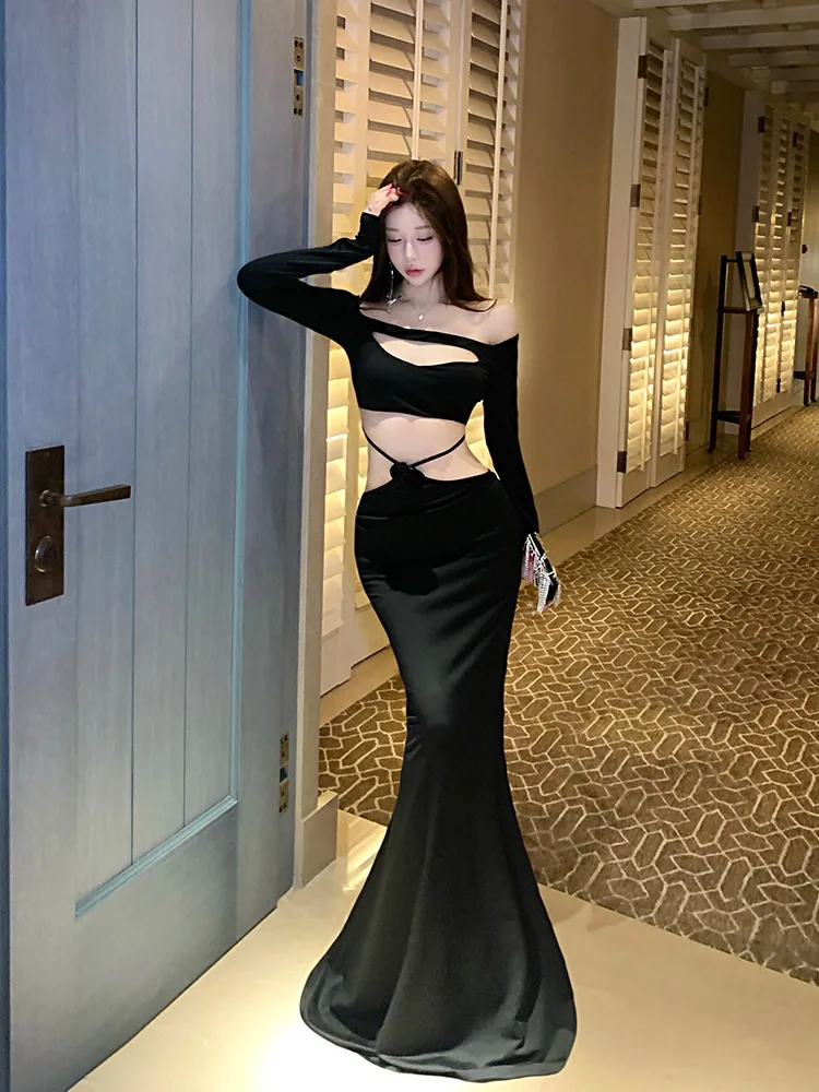 

Сексуальное длинное платье на одно плечо, женское облегающее платье для похудения, вечернее платье с хвостом Par Fi, однотонное, с высокой талией